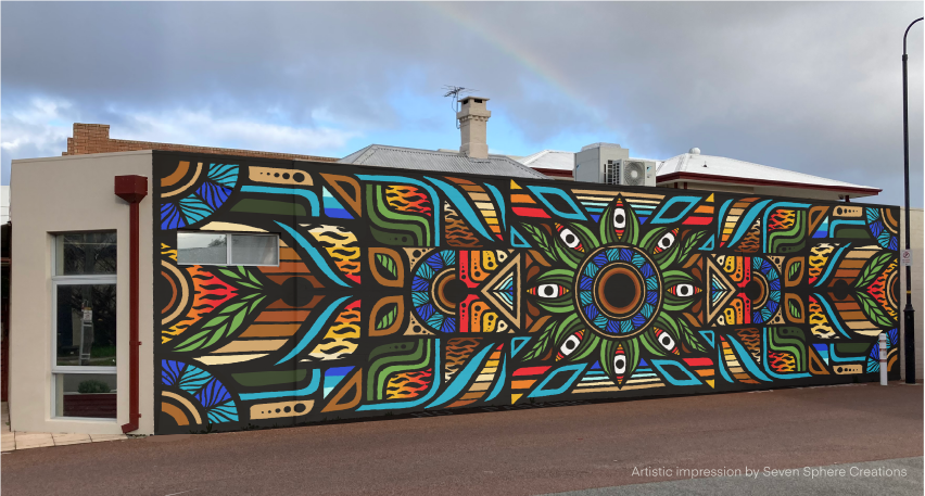 Colourful geometric mural public artwork